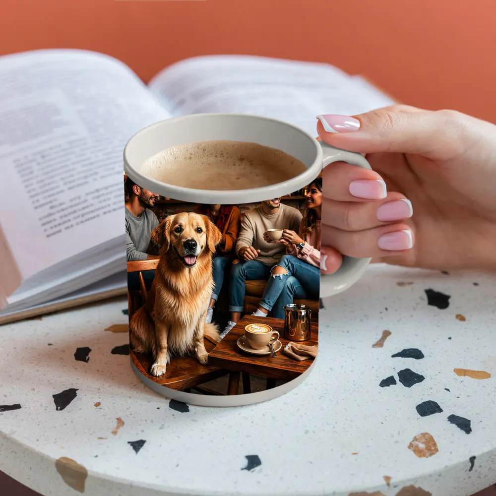 Golden Retriever Sitting In Cozy Coffee Shop – Mugs
