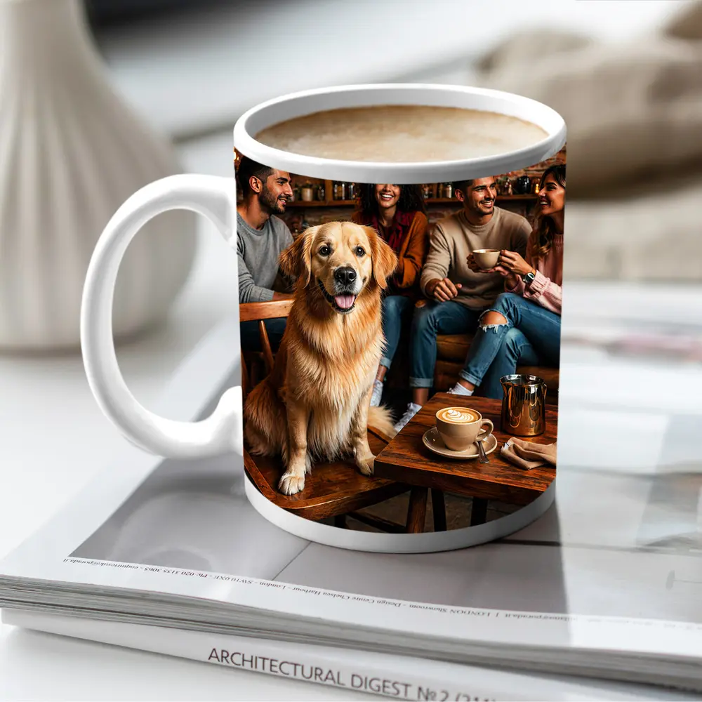 Golden Retriever Sitting In Cozy Coffee Shop – Mugs