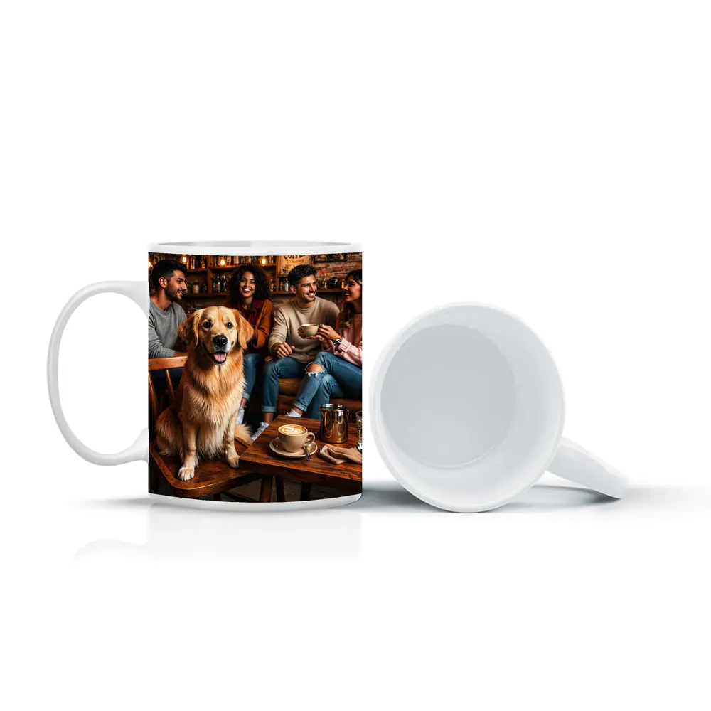 Golden Retriever Sitting In Cozy Coffee Shop – Mugs
