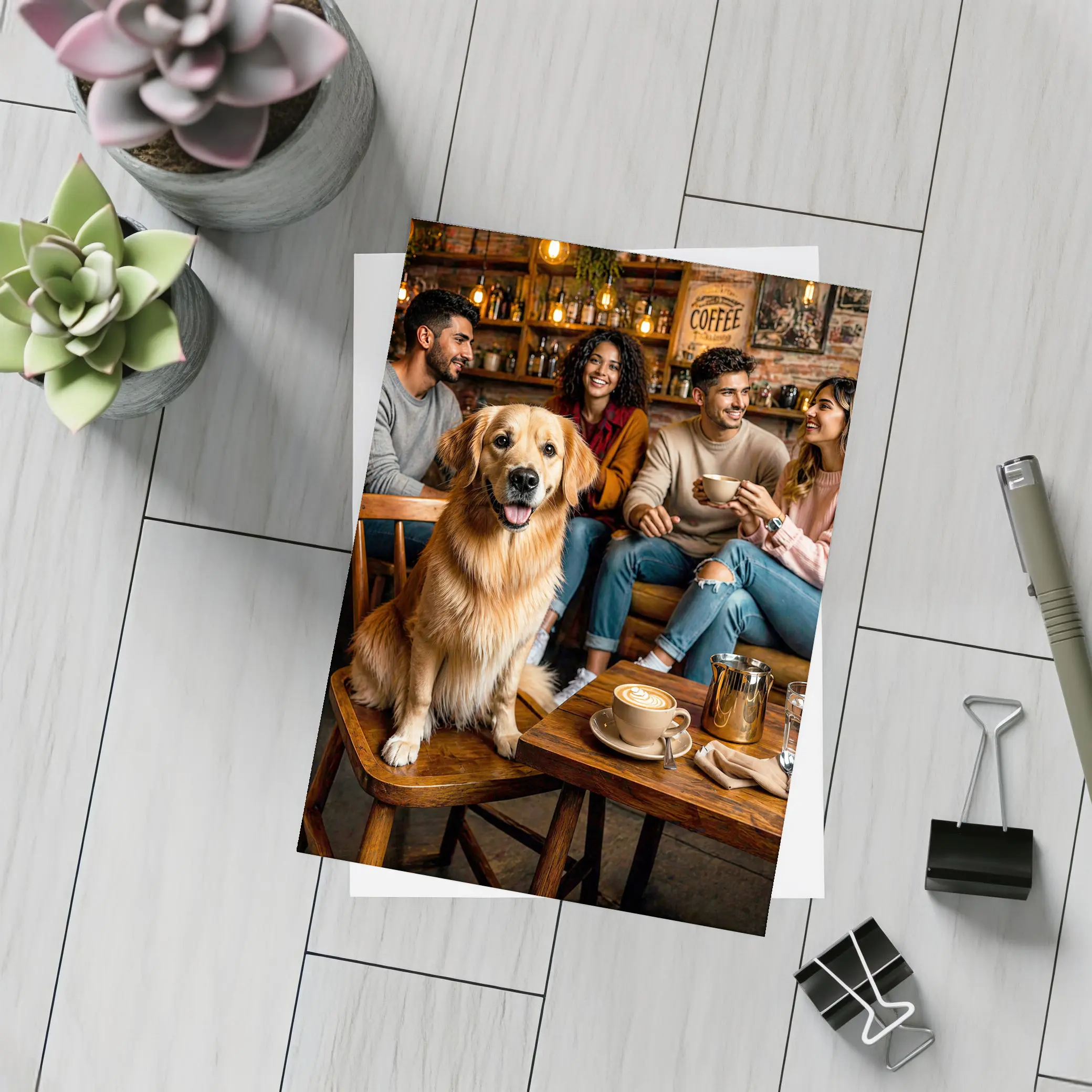 Golden Retriever Sitting In Cozy Coffee Shop – Postcards