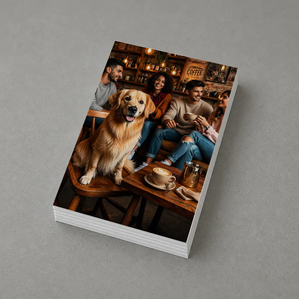 Golden Retriever Sitting In Cozy Coffee Shop – Postcards