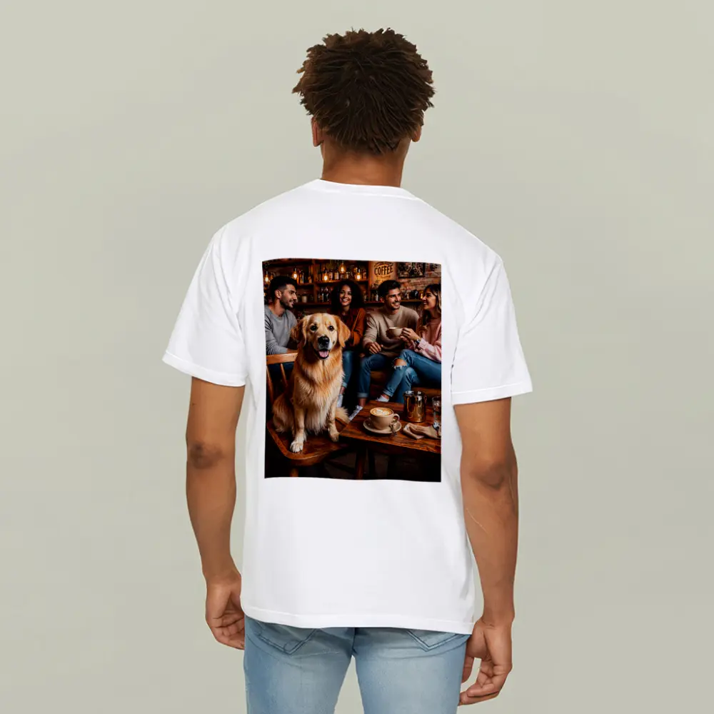 Golden Retriever Sitting In Cozy Coffee Shop – T-Shirts