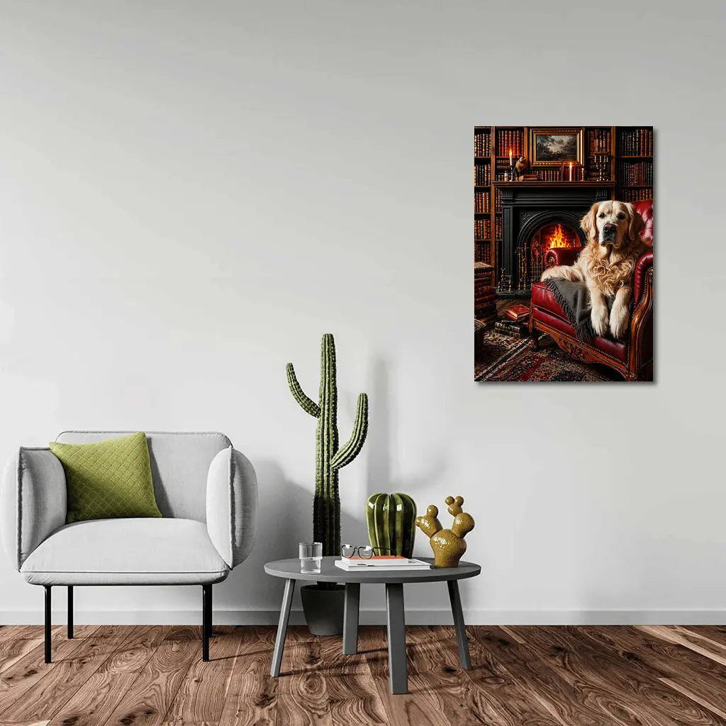 Golden Retriever Relaxing In Library By Fireplace – Wall Art