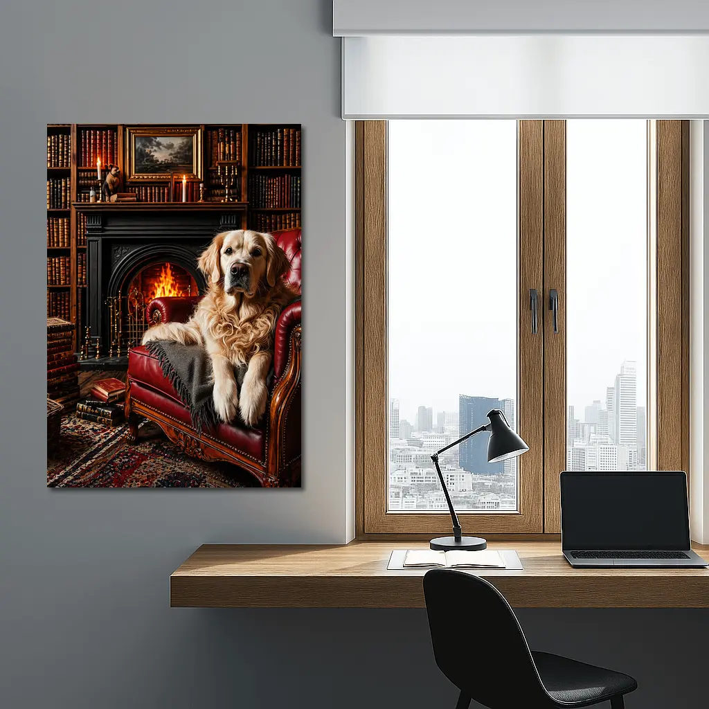 Golden Retriever Relaxing In Library By Fireplace – Wall Art