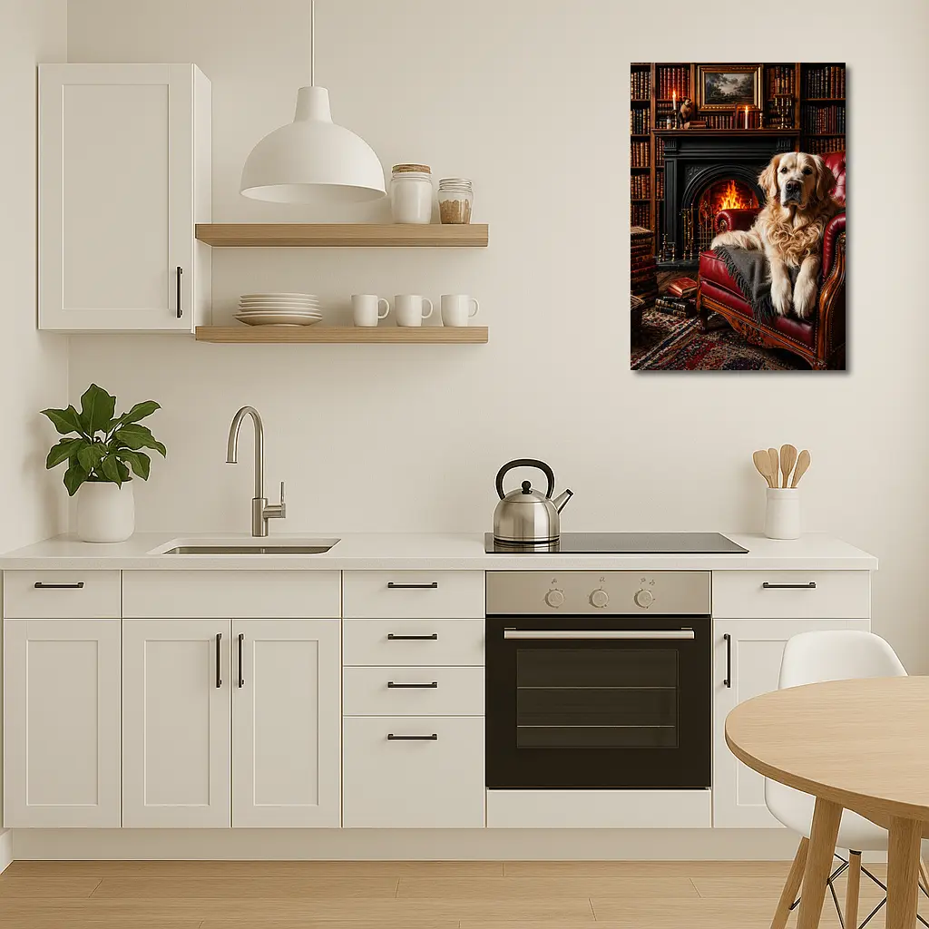 Golden Retriever Relaxing In Library By Fireplace – Wall Art