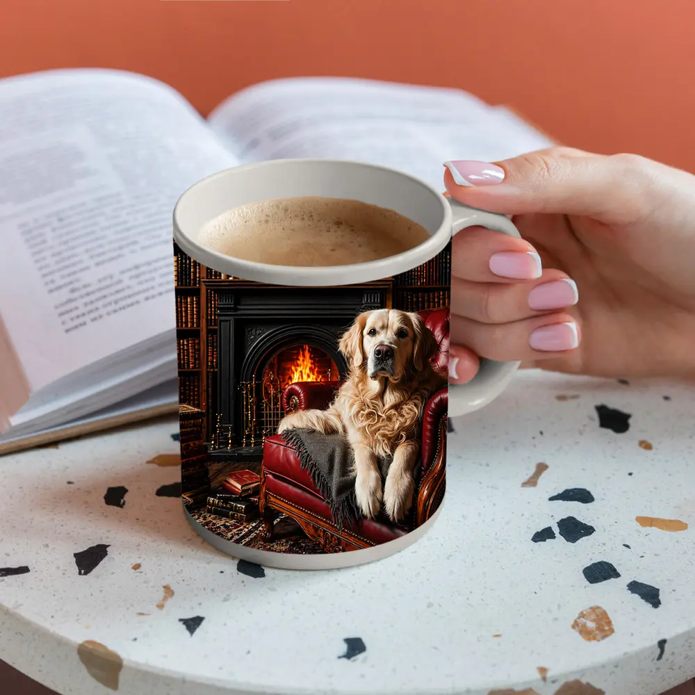 Golden Retriever Relaxing In Library By Fireplace – Mugs