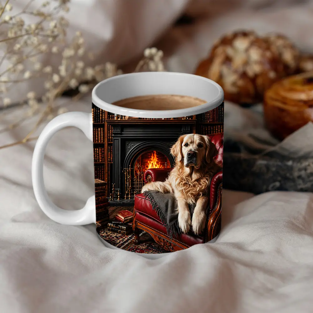 Golden Retriever Relaxing In Library By Fireplace – Mugs