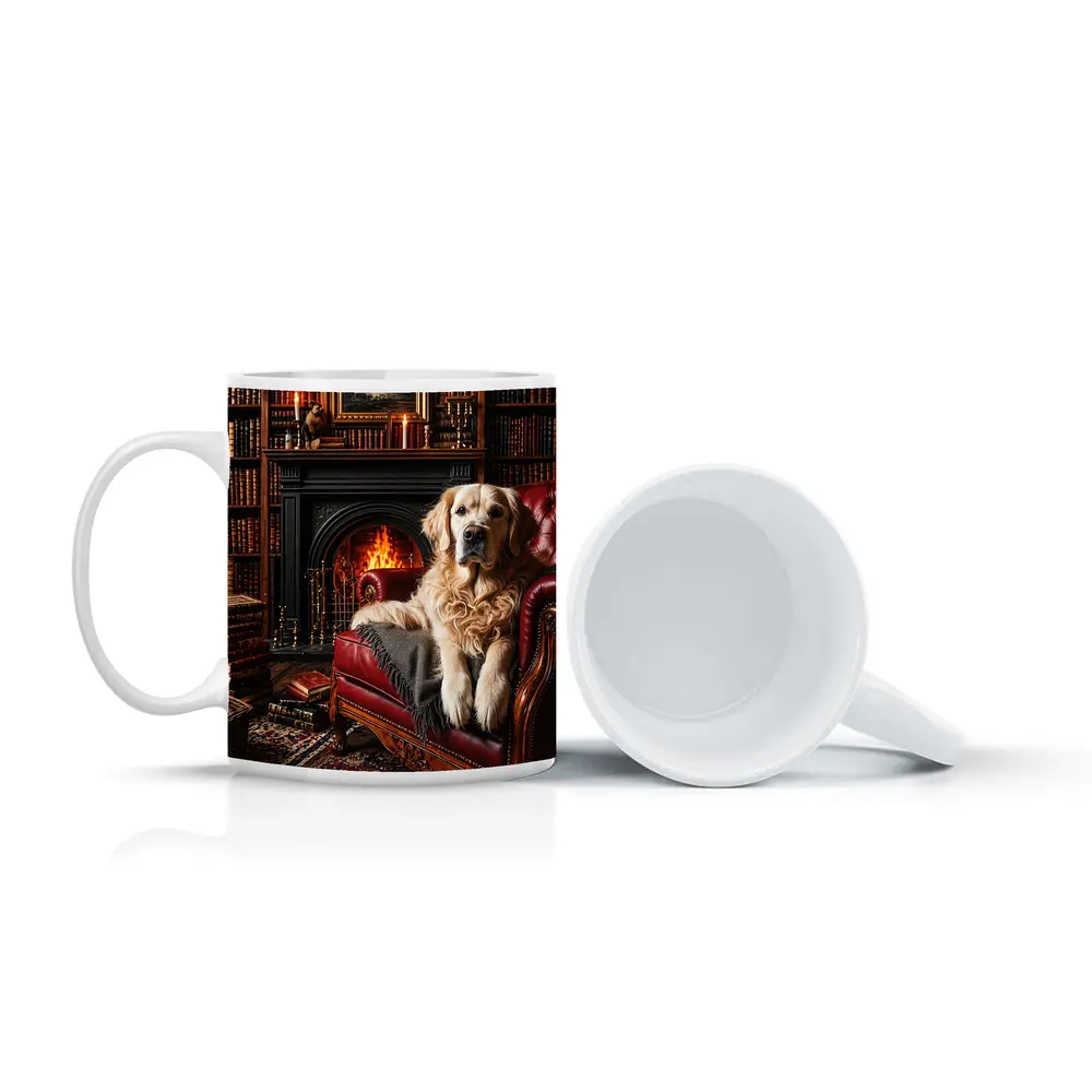 Golden Retriever Relaxing In Library By Fireplace – Mugs