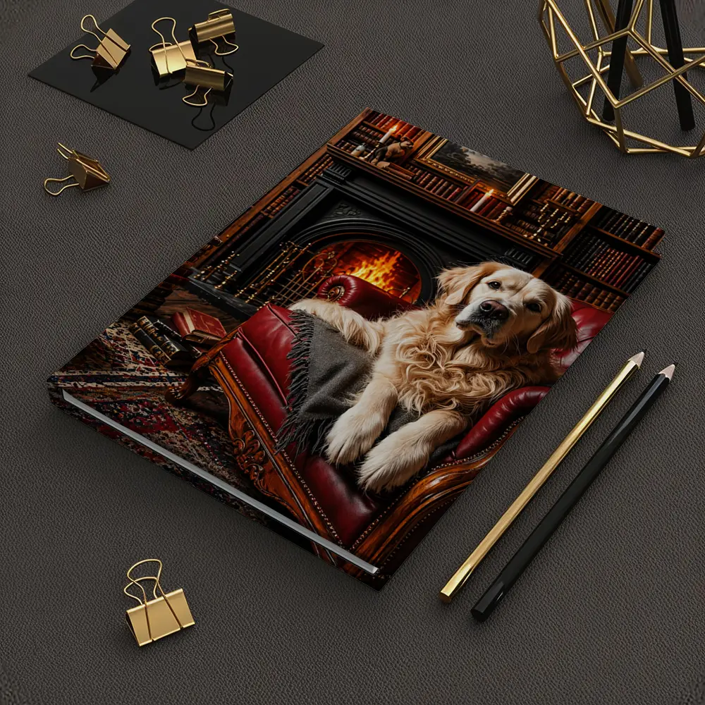 Golden Retriever Relaxing In Library By Fireplace – Notebooks