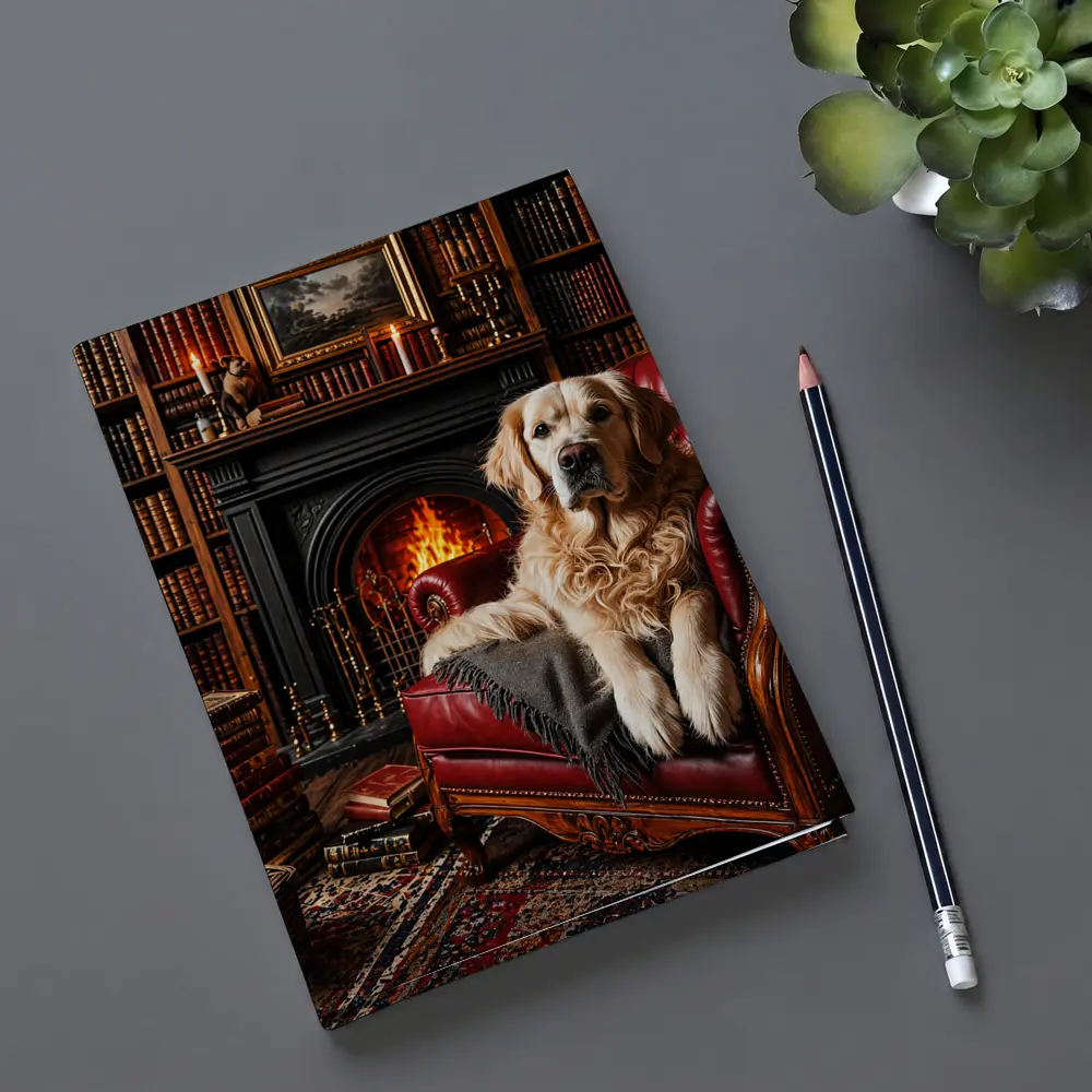 Golden Retriever Relaxing In Library By Fireplace – Notebooks