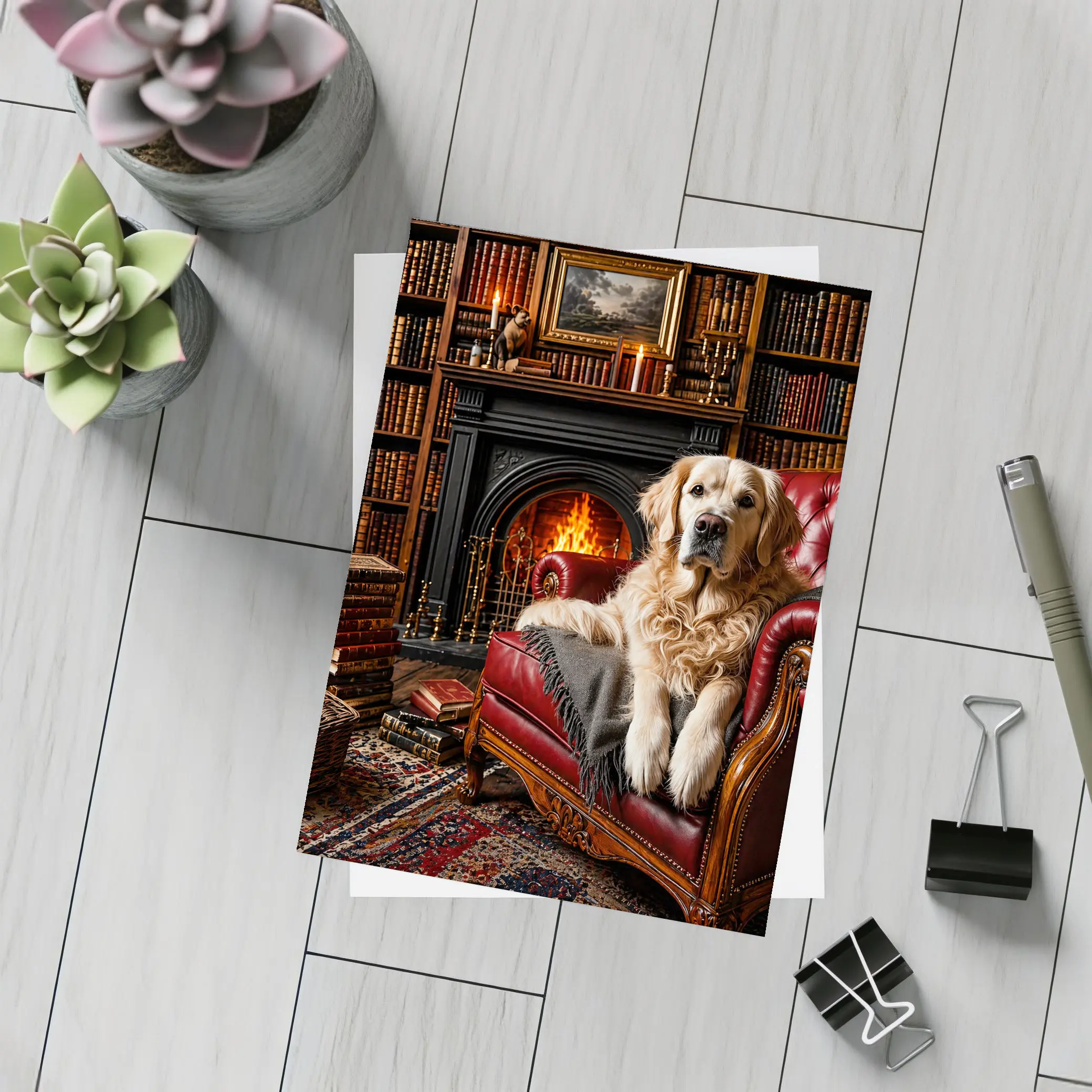 Golden Retriever Relaxing In Library By Fireplace – Postcards