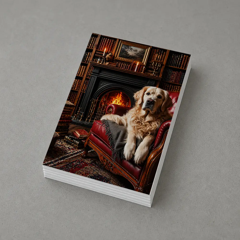 Golden Retriever Relaxing In Library By Fireplace – Postcards
