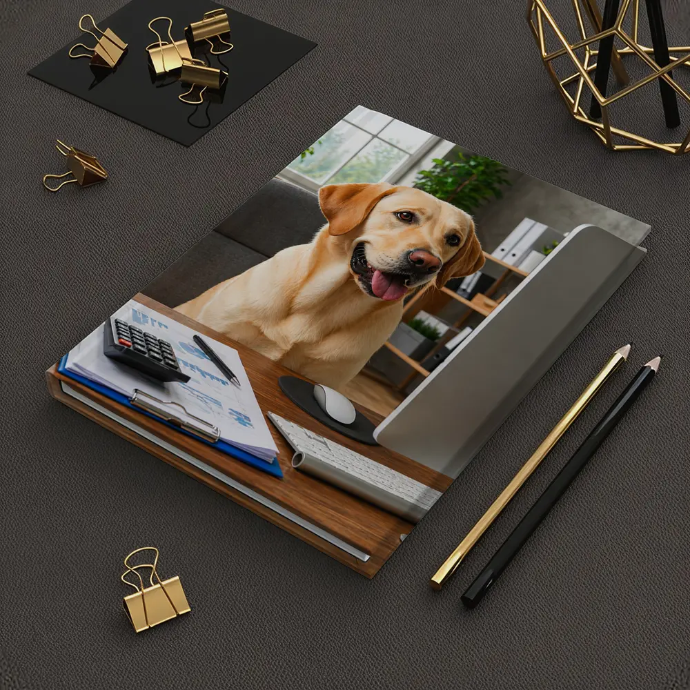 Labrador Retriever Working at Office Desk – Notebooks