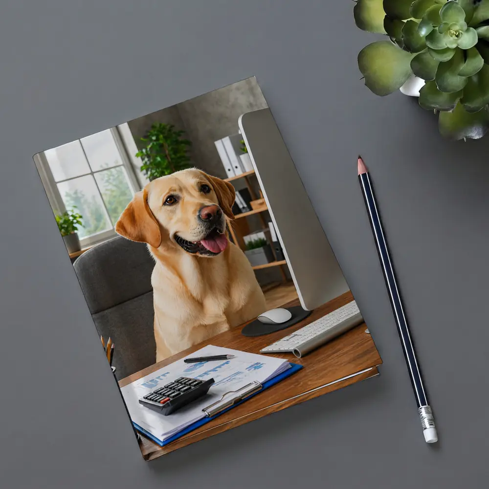 Labrador Retriever Working at Office Desk – Notebooks
