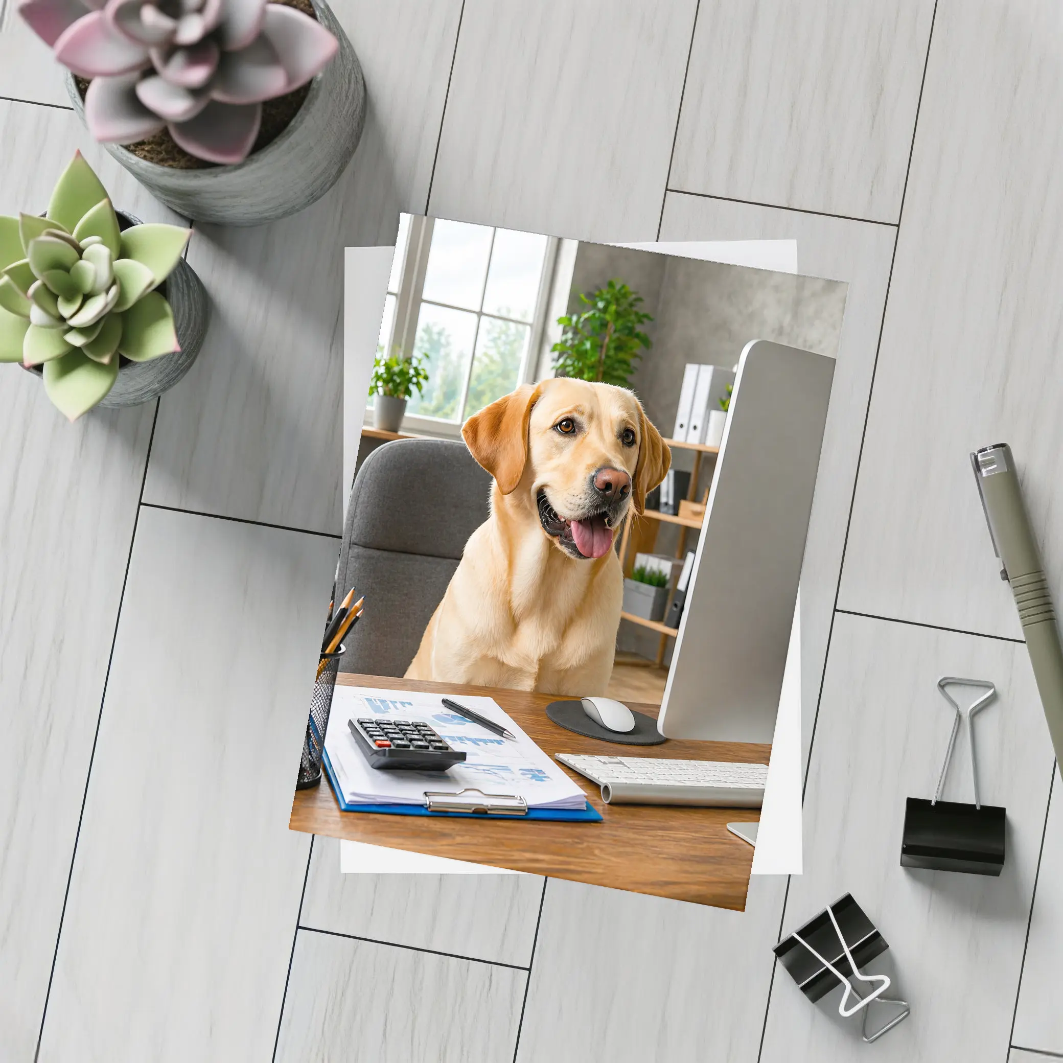 Labrador Retriever Working at Office Desk – Postcards