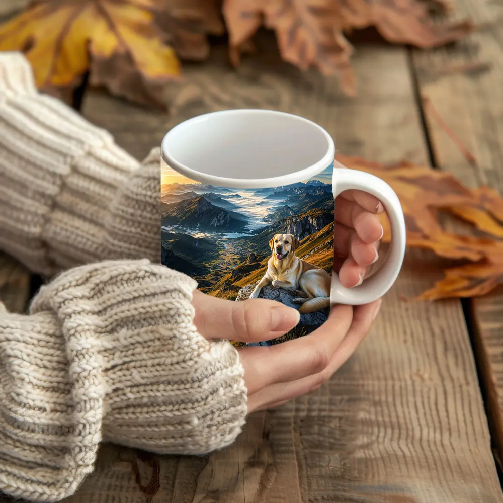 Labrador Retriever Resting on Mountain Summit – Mugs