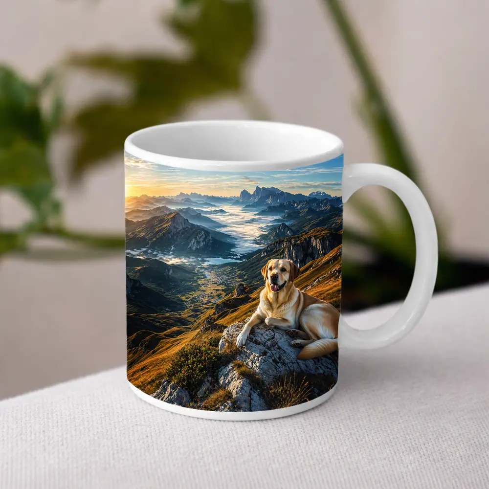 Labrador Retriever Resting on Mountain Summit – Mugs