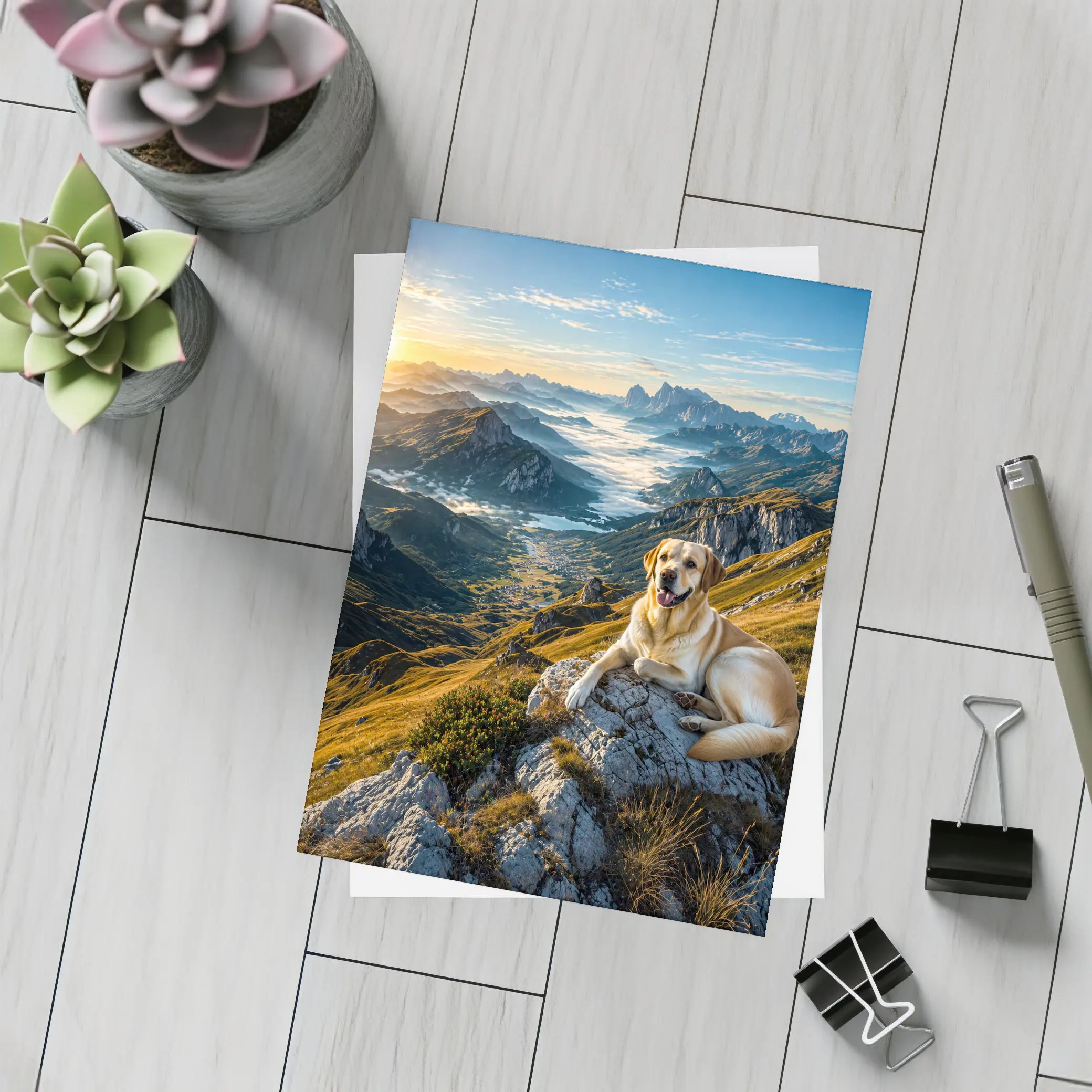 Labrador Retriever Resting on Mountain Summit – Postcards