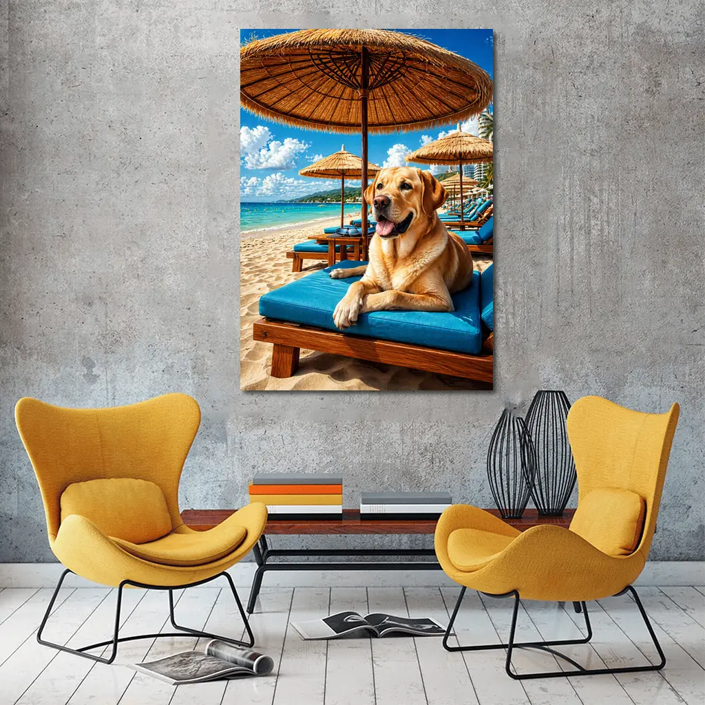 Labrador Retriever Relaxing on Tropical Beach – Wall Art