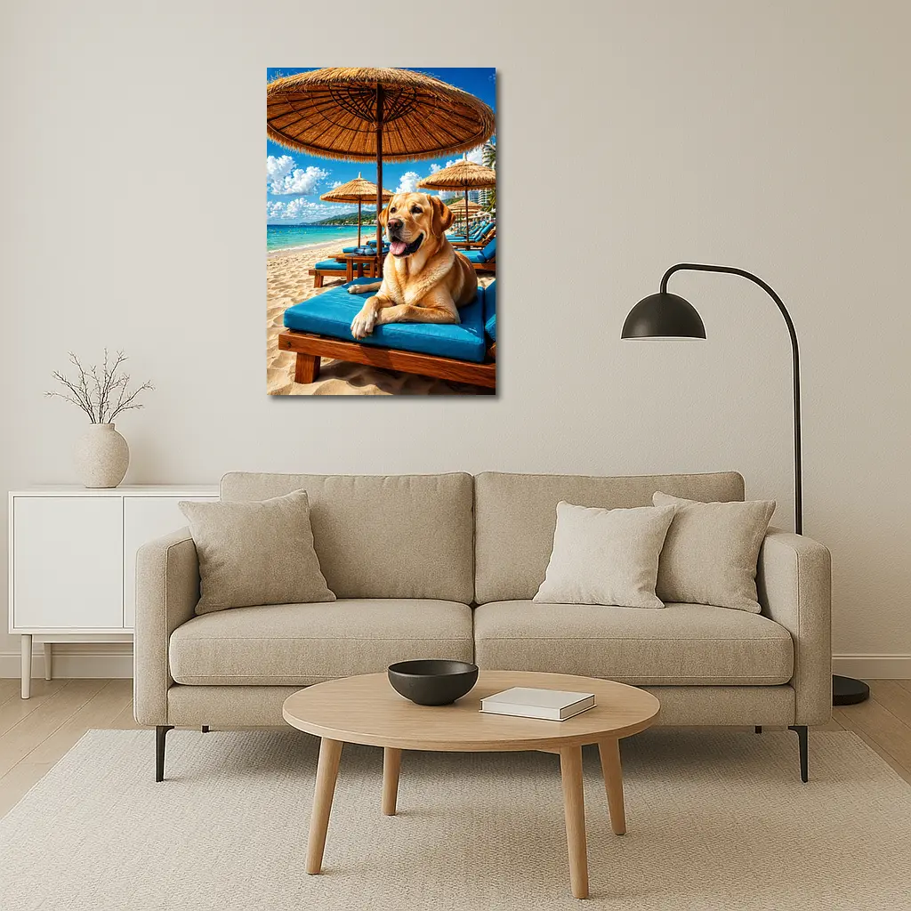 Labrador Retriever Relaxing on Tropical Beach – Wall Art