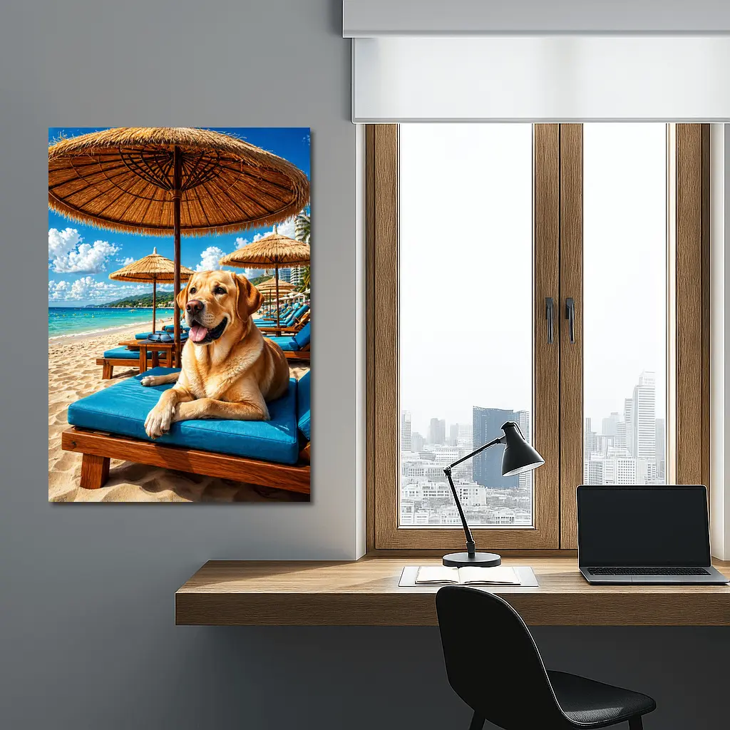 Labrador Retriever Relaxing on Tropical Beach – Wall Art