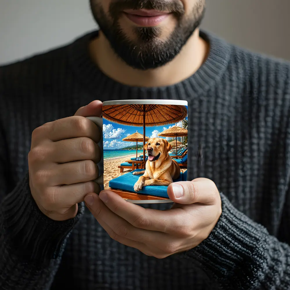 Labrador Retriever Relaxing on Tropical Beach – Mugs