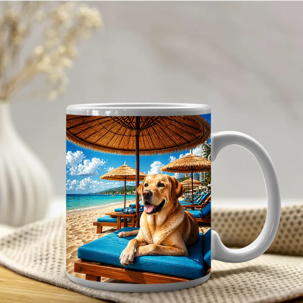 Labrador Retriever Relaxing on Tropical Beach – Mugs
