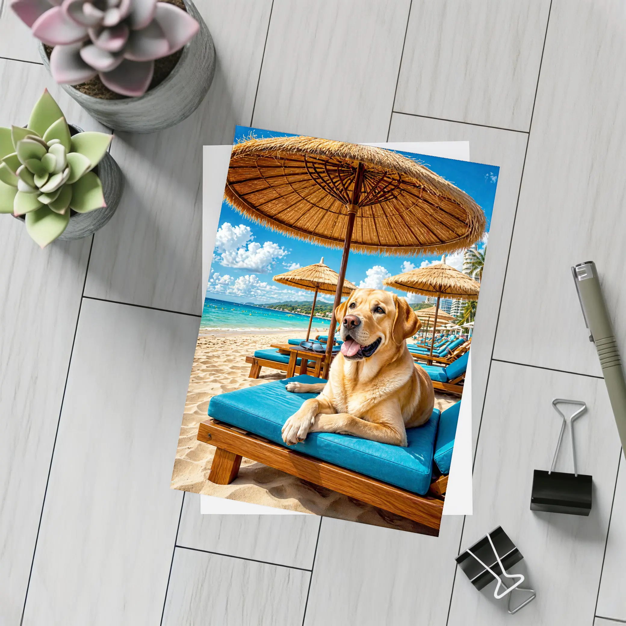 Labrador Retriever Relaxing on Tropical Beach – Postcards