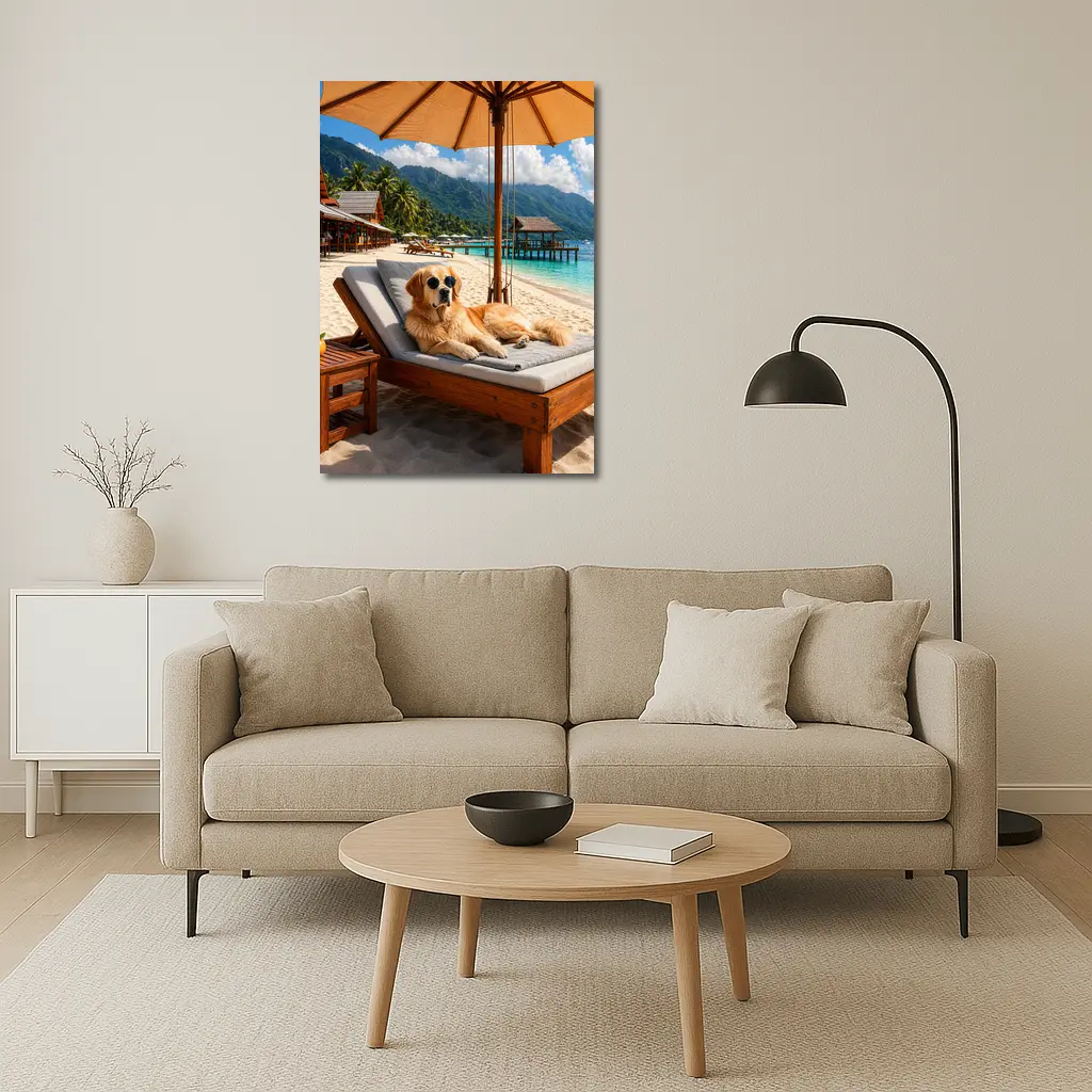 Golden Retriever Relaxing On Tropical Beach – Wall Art