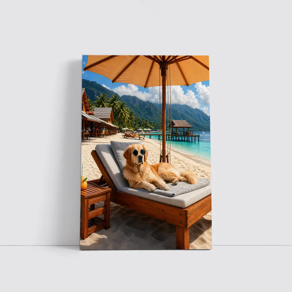 Golden Retriever Relaxing On Tropical Beach – Wall Art