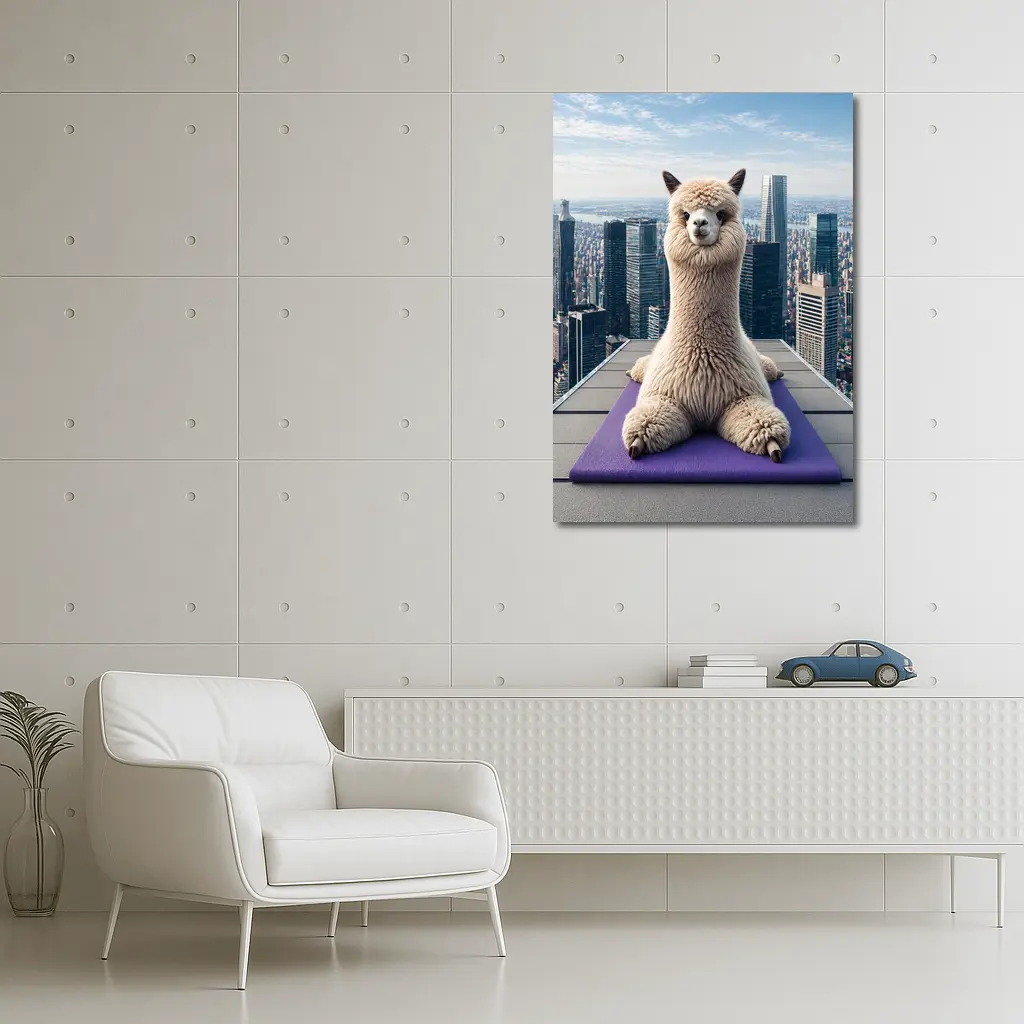 Alpaca Doing Yoga City Skyline – Wall Art