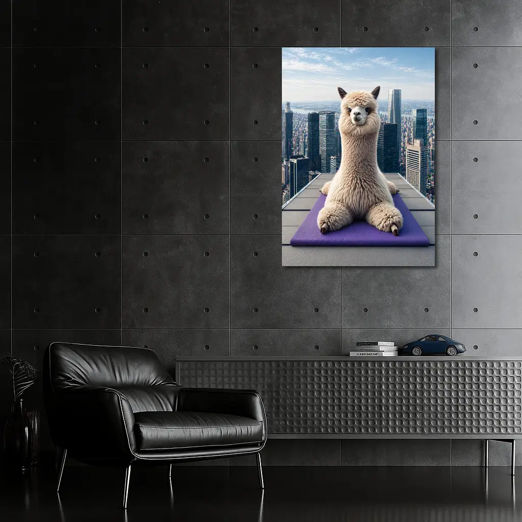 Alpaca Doing Yoga City Skyline – Wall Art