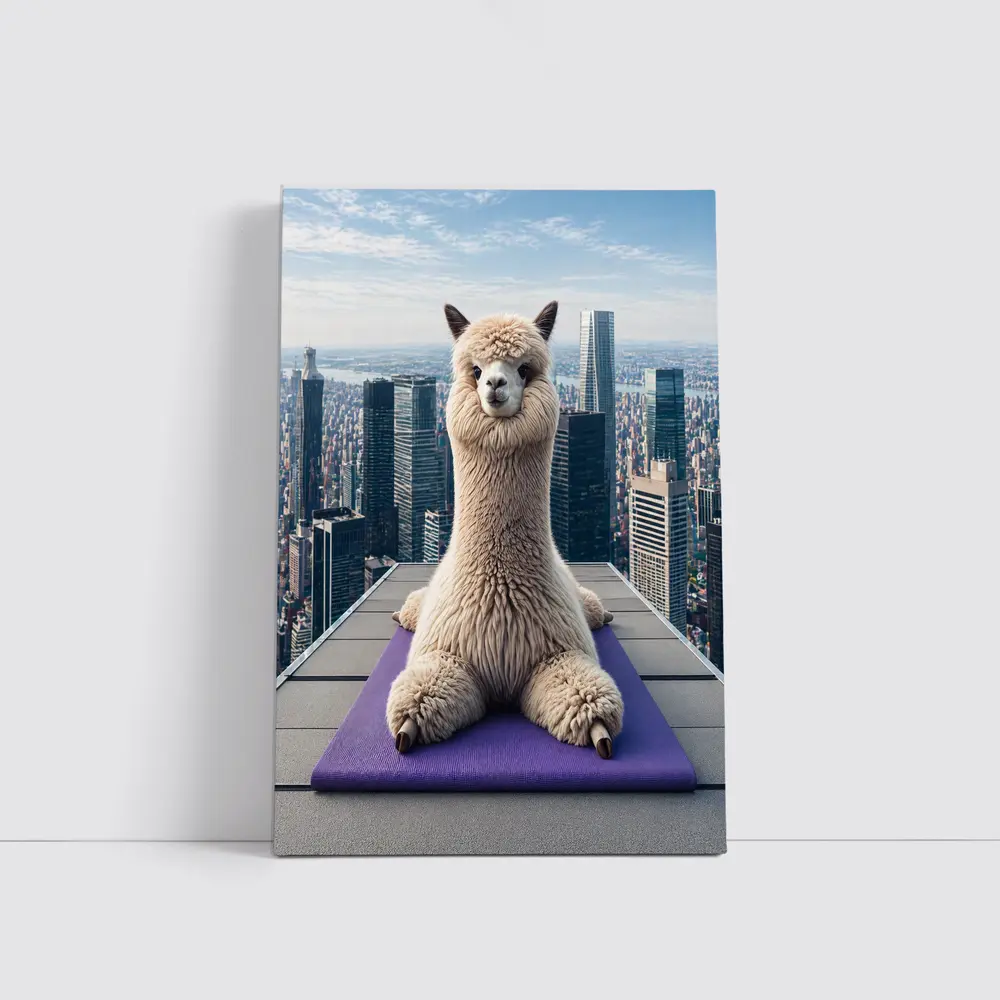 Alpaca Doing Yoga City Skyline – Wall Art