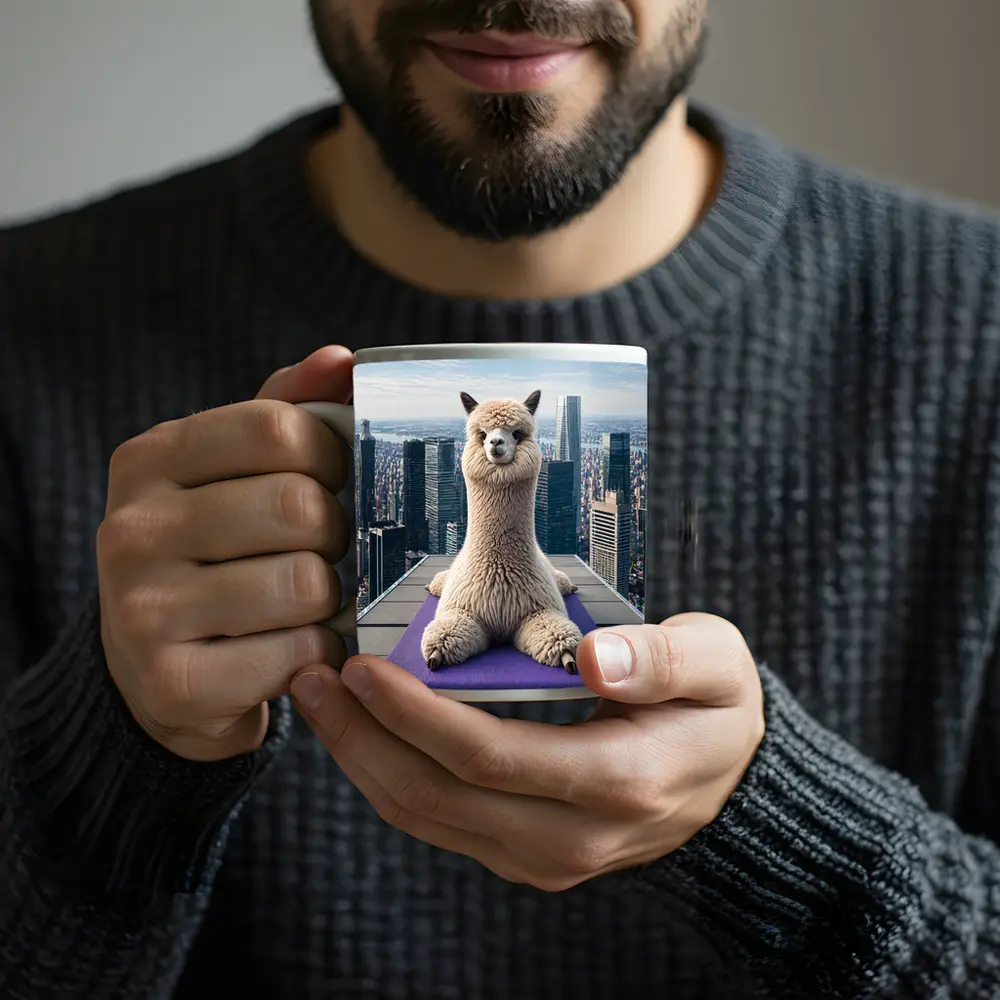 Alpaca Doing Yoga City Skyline – Mugs