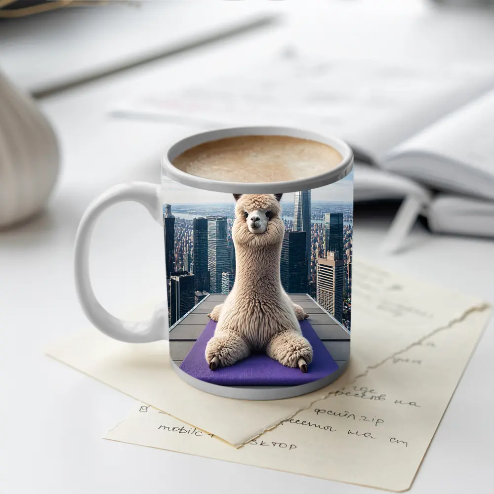 Alpaca Doing Yoga City Skyline – Mugs