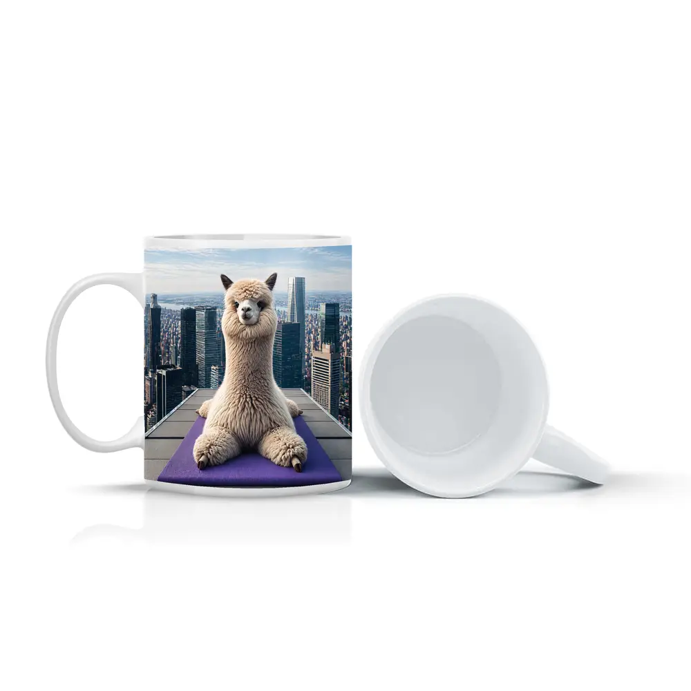 Alpaca Doing Yoga City Skyline – Mugs