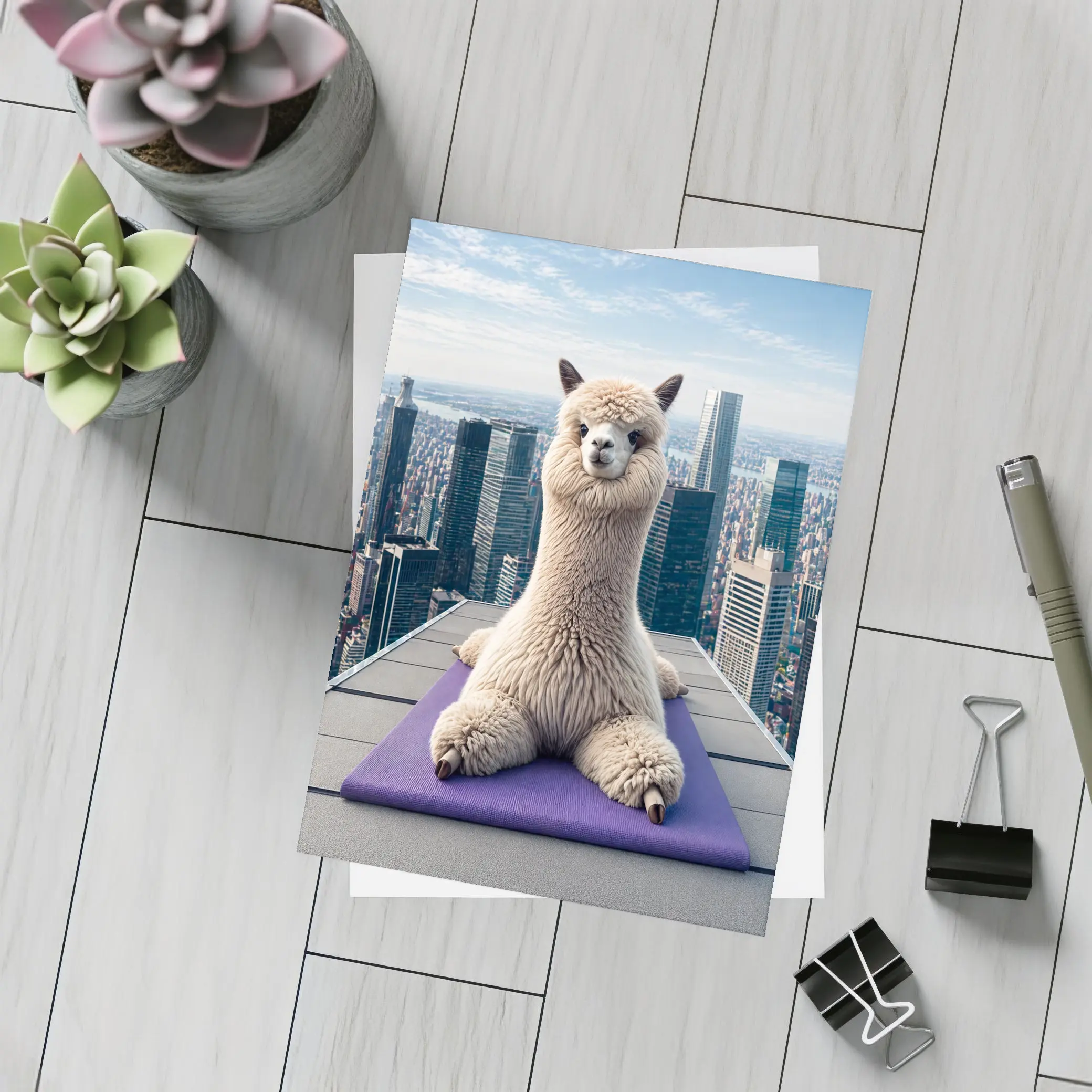 Alpaca Doing Yoga City Skyline – Postcards