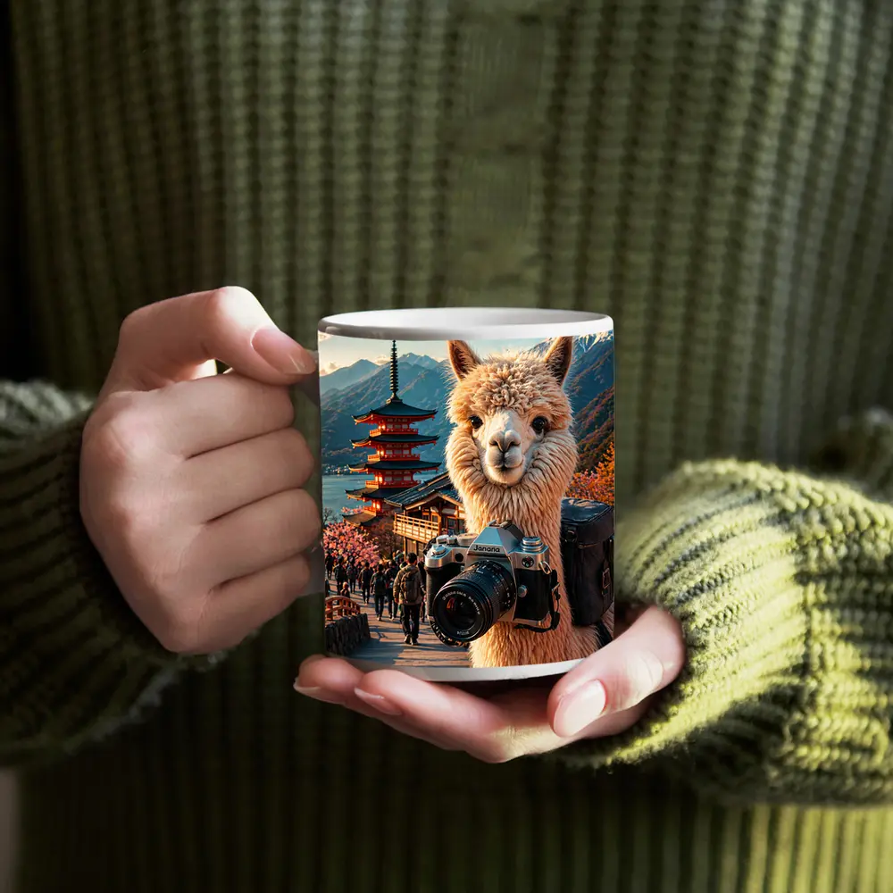 Alpaca Photographer At Japanese Pagoda – Mugs