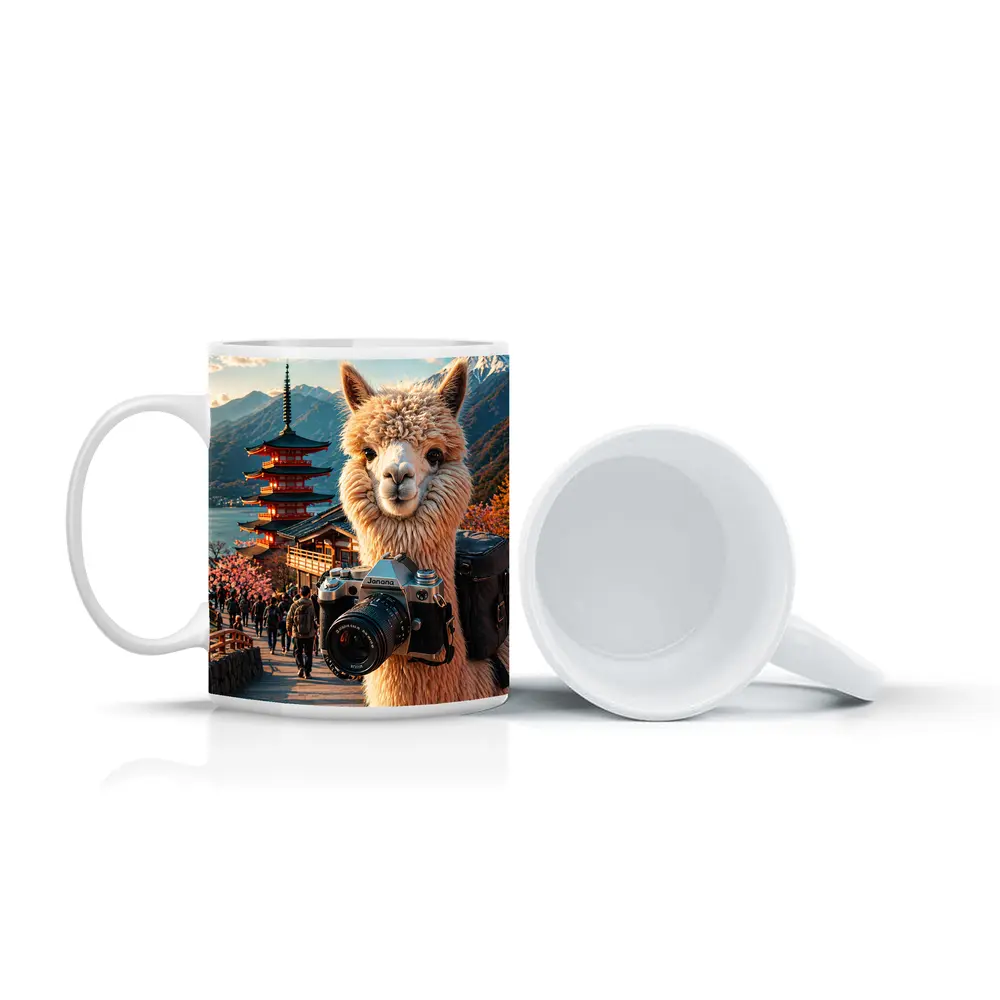 Alpaca Photographer At Japanese Pagoda – Mugs
