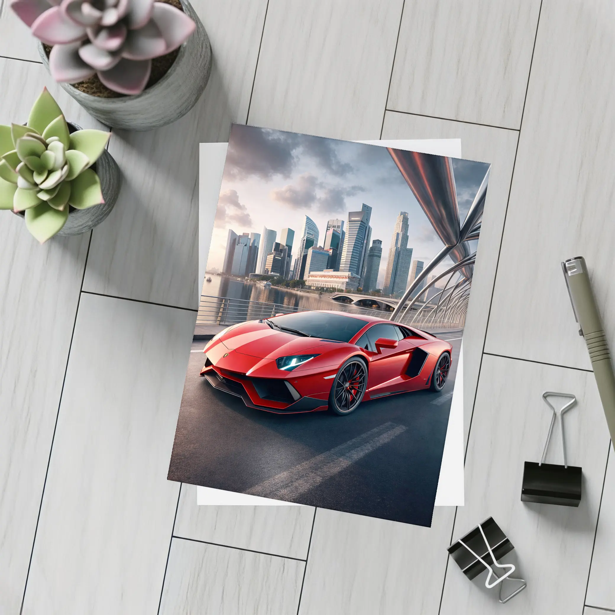 Lamborghini Aventador Red City Bridge Drive – Postcards