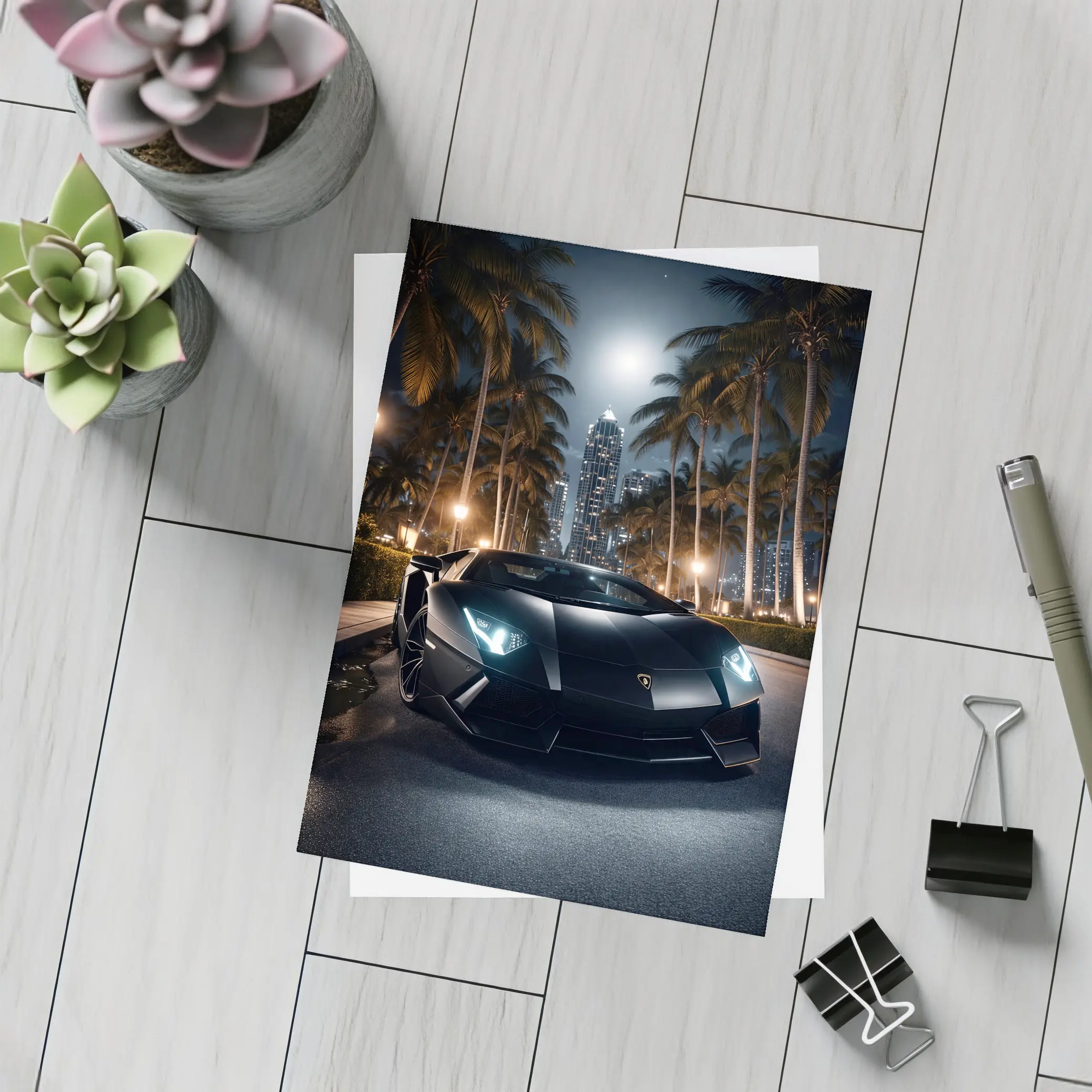Lamborghini Aventador Black Night City Palms – Postcards