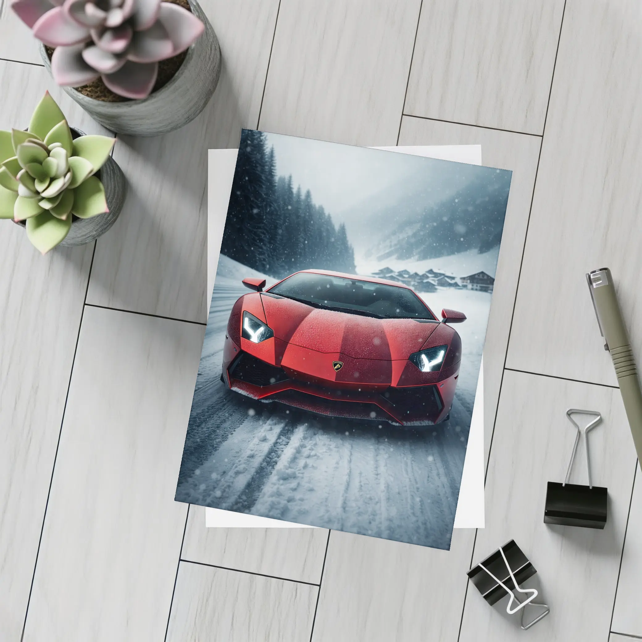 Lamborghini Aventador Red Snow Winter Drive – Postcards