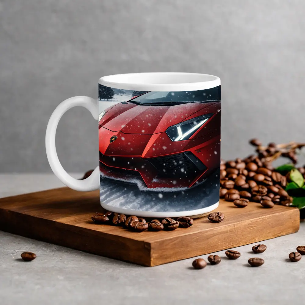 Lamborghini Aventador Red Car In Snow – Mugs