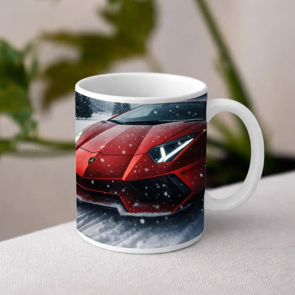 Lamborghini Aventador Red Car In Snow – Mugs