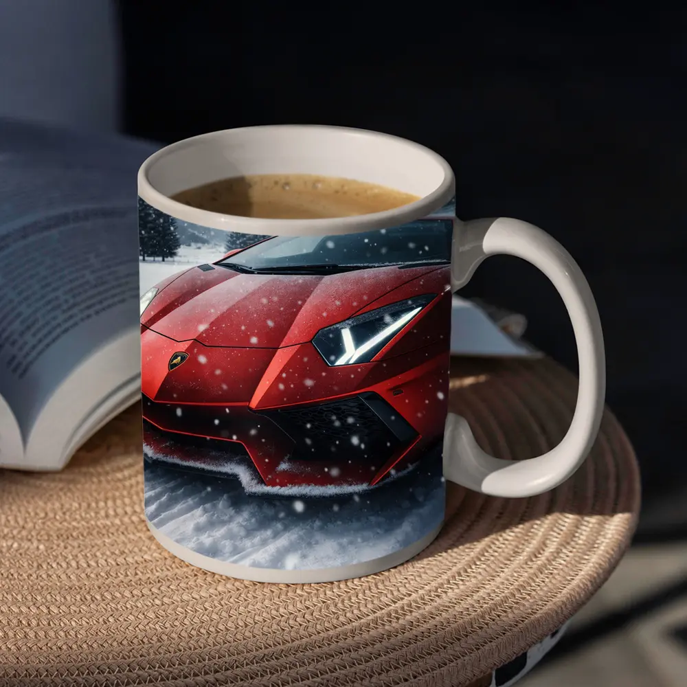 Lamborghini Aventador Red Car In Snow – Mugs