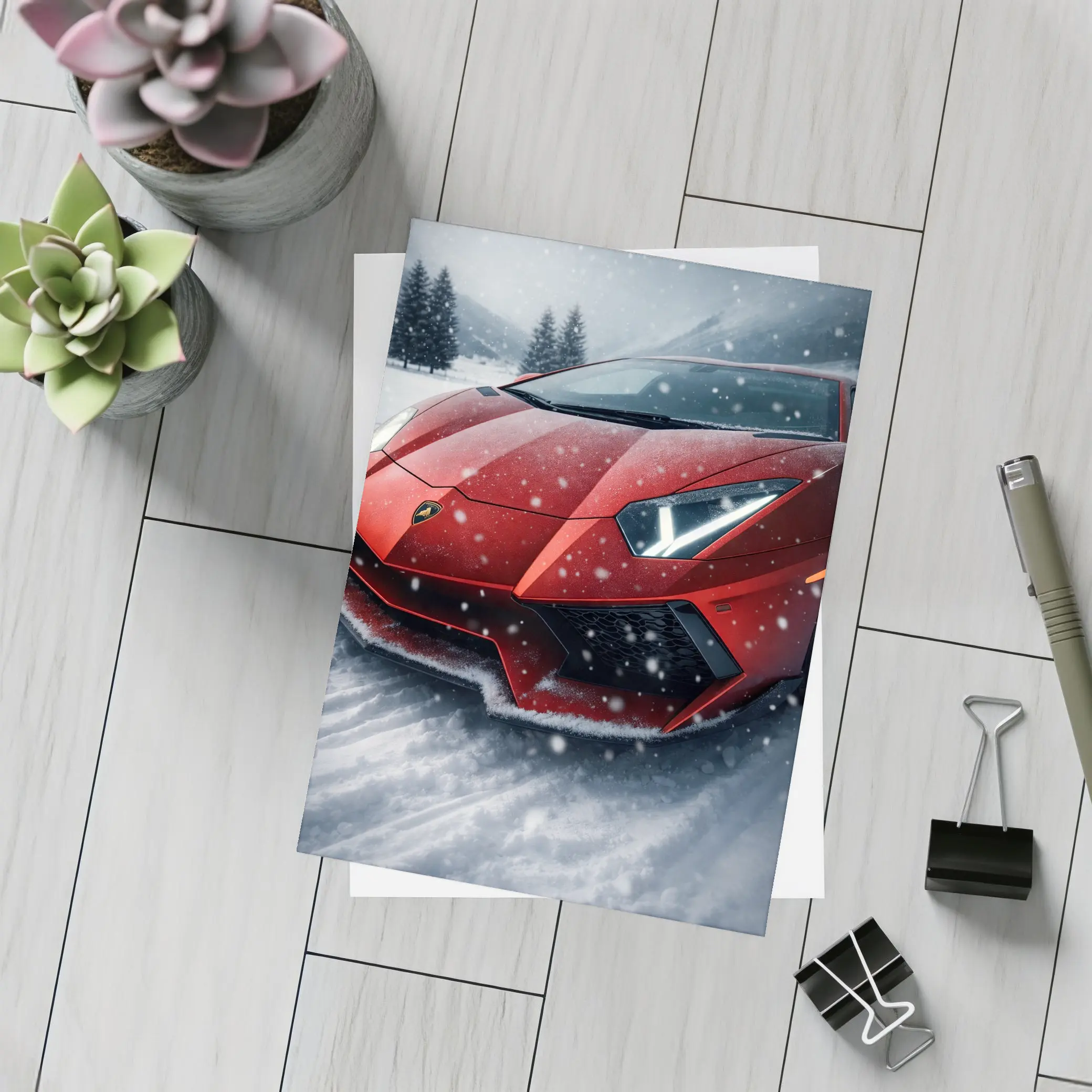 Lamborghini Aventador Red Car In Snow – Postcards