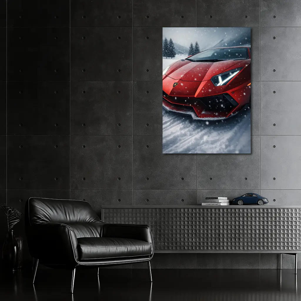 Lamborghini Aventador Red Car In Snow – Wall Art