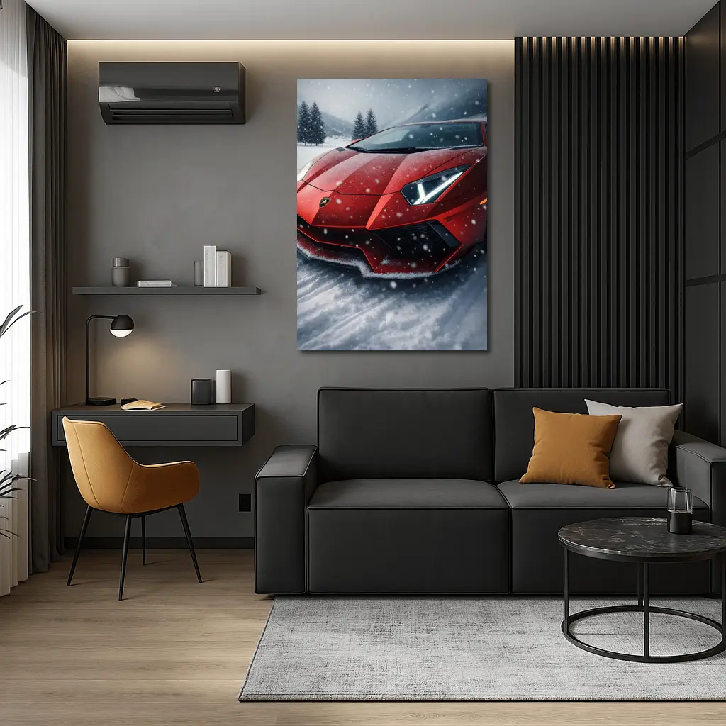 Lamborghini Aventador Red Car In Snow – Wall Art