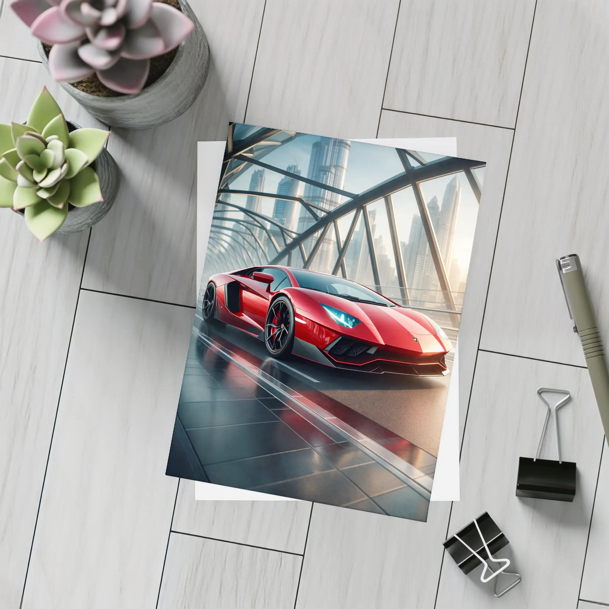 Lamborghini Aventador Red Supercar Dubai Skyline – Postcards