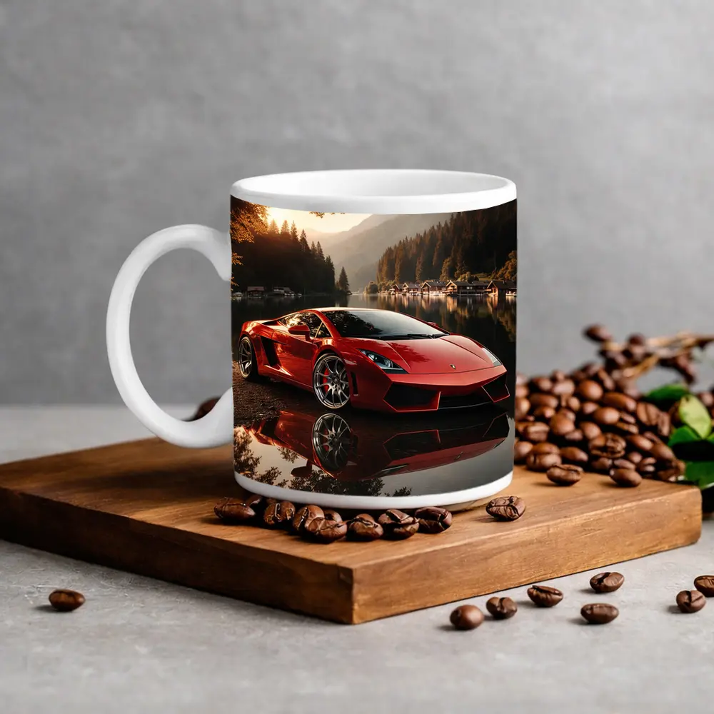 Lamborghini Gallardo Red Lake Sunset Scene – Mugs